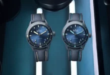 Blancpain Fifty Fathoms Blue Bathyscaphe : ครั้งแรกกับเซรามิกสีน้ำเงินและลูมบนสเกลจับเวลา ภาพนาฬิกา Blancpain Fifty Fathoms Blue Bathyscaphe ตัวเรือนเซรามิกสีน้ำเงิน (Lume สีเบจ)
