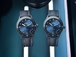 ภาพนาฬิกา Blancpain Fifty Fathoms Blue Bathyscaphe ตัวเรือนเซรามิกสีน้ำเงิน (Lume สีเบจ)