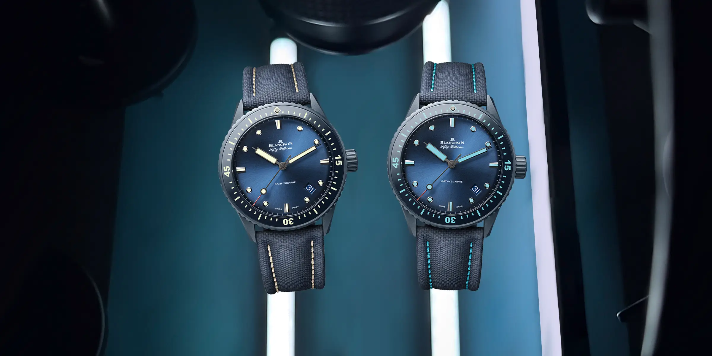 Blancpain Fifty Fathoms Blue Bathyscaphe : ครั้งแรกกับเซรามิกสีน้ำเงินและลูมบนสเกลจับเวลา ภาพนาฬิกา Blancpain Fifty Fathoms Blue Bathyscaphe ตัวเรือนเซรามิกสีน้ำเงิน (Lume สีเบจ)