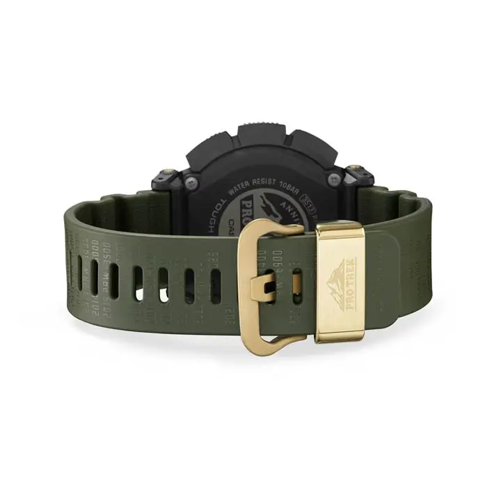 ภาพนาฬิกา Protrek PRW-61ANS-3JR ด้านหน้า แสดงหน้าปัดเข็มและดิจิตอล สีทองบนหน้าปัด