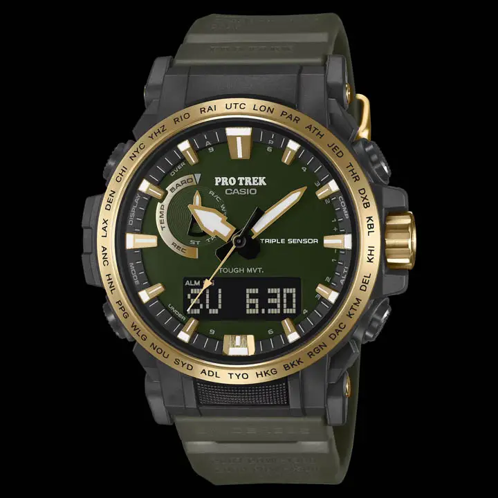 ภาพนาฬิกา Protrek PRW-61ANS-3JR ด้านหน้า แสดงหน้าปัดเข็มและดิจิตอล สีทองบนหน้าปัด