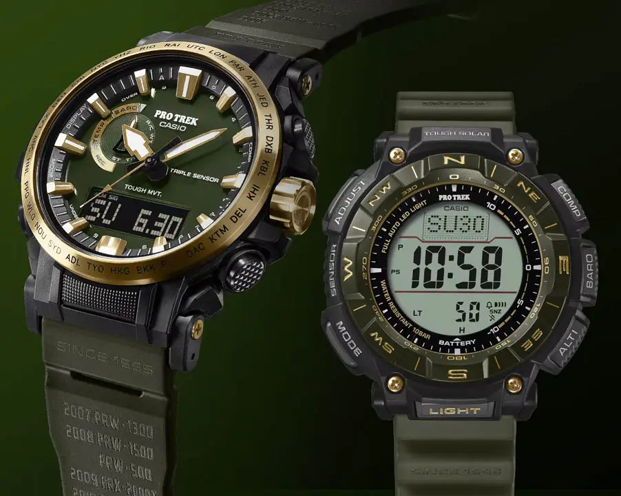 ภาพนาฬิกา Protrek PRW-61ANS-3JR ด้านหน้า แสดงหน้าปัดเข็มและดิจิตอล สีทองบนหน้าปัด