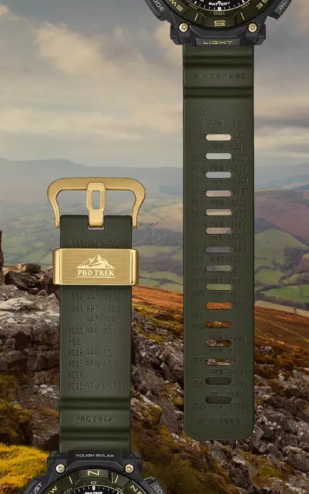 ภาพนาฬิกา Protrek PRW-61ANS-3JR ด้านหน้า แสดงหน้าปัดเข็มและดิจิตอล สีทองบนหน้าปัด