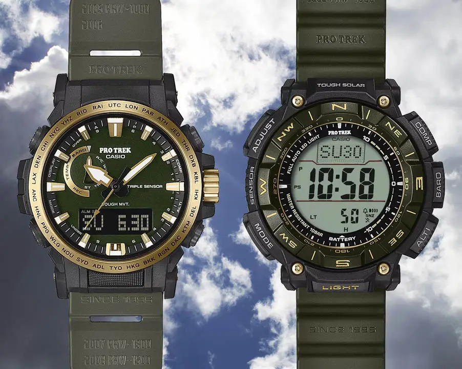 ภาพนาฬิกา Protrek PRW-61ANS-3JR ด้านหน้า แสดงหน้าปัดเข็มและดิจิตอล สีทองบนหน้าปัด