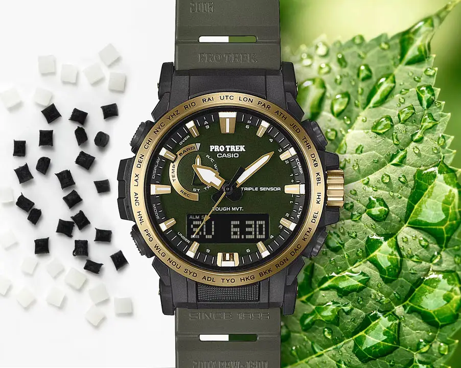 ภาพนาฬิกา Protrek PRW-61ANS-3JR ด้านหน้า แสดงหน้าปัดเข็มและดิจิตอล สีทองบนหน้าปัด