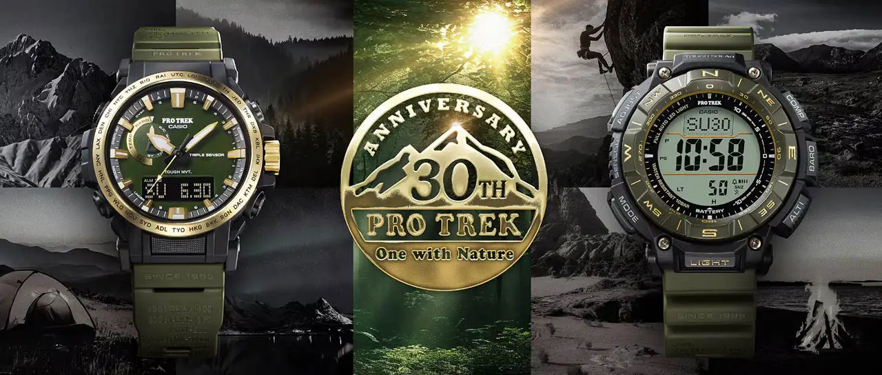 ภาพนาฬิกา Protrek PRW-61ANS-3JR ด้านหน้า แสดงหน้าปัดเข็มและดิจิตอล สีทองบนหน้าปัด