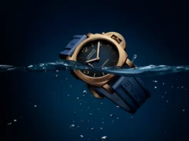Panerai Luminor Marina PAM01678 ตัวเรือนบรอนซ์ขนาด 44 มม. พร้อมเม็ดมะยม Bridge Guard และหน้าปัดสีน้ำเงินแบบ Sandwich แสดง Patina ในอนาคต