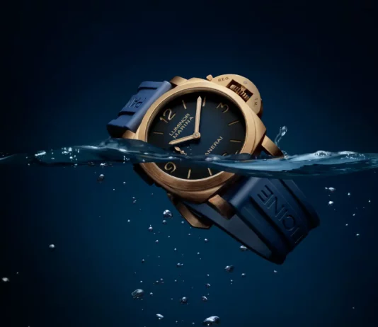 Panerai Luminor Marina PAM01678 ตัวเรือนบรอนซ์ขนาด 44 มม. พร้อมเม็ดมะยม Bridge Guard และหน้าปัดสีน้ำเงินแบบ Sandwich แสดง Patina ในอนาคต