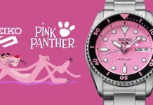 นาฬิกา Seiko 5 Sports x Pink Panther รุ่น SRPM07 แสดงให้เห็นหน้าปัดรอยเท้าสีชมพู