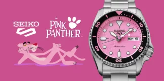 นาฬิกา Seiko 5 Sports x Pink Panther รุ่น SRPM07 แสดงให้เห็นหน้าปัดรอยเท้าสีชมพู