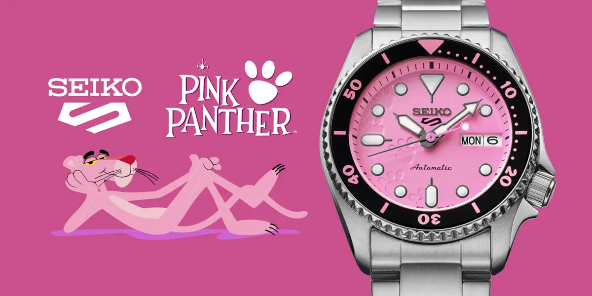 นาฬิกา Seiko 5 Sports x Pink Panther รุ่น SRPM07 แสดงให้เห็นหน้าปัดรอยเท้าสีชมพู