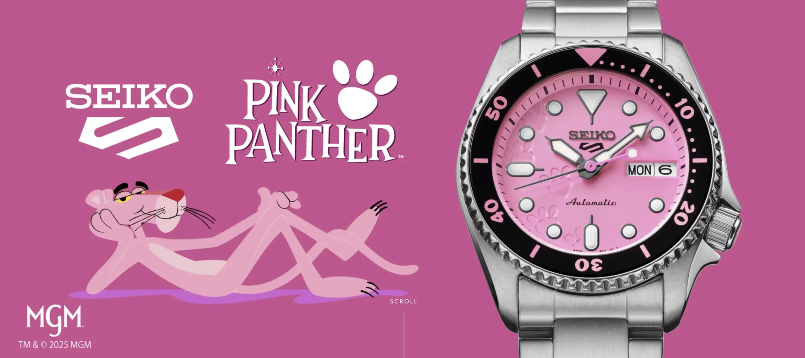 นาฬิกา Seiko 5 Sports x Pink Panther รุ่น SRPM07 แสดงให้เห็นหน้าปัดรอยเท้าสีชมพู