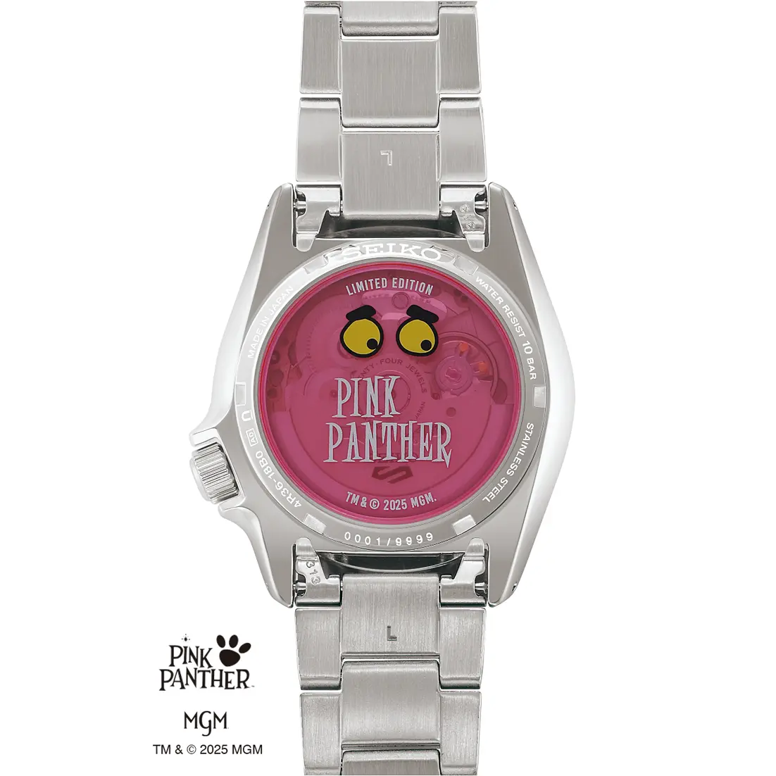 นาฬิกา Seiko 5 Sports x Pink Panther รุ่น SRPM07 แสดงให้เห็นหน้าปัดรอยเท้าสีชมพู