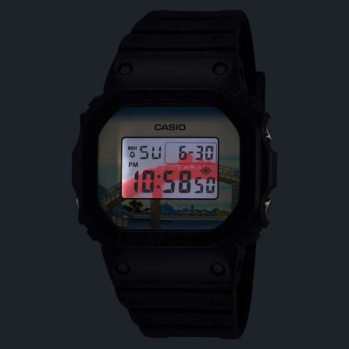 Casio G-SHOCK DW-5600KH เพิ่ม 2 รุ่นใหม่จากภาพวาด Hokusai ไฟ Backlight ของ Casio G-SHOCK DW-5600KHFM25-1JR ลายสะพาน Mannen