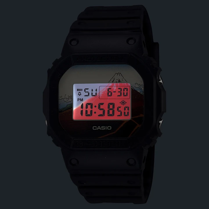 Casio G-SHOCK DW-5600KH เพิ่ม 2 รุ่นใหม่จากภาพวาด Hokusai ไฟ Backlight ของ Casio G-SHOCK DW-5600KHFM25-1JR ลายสะพาน Mannen