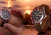 นาฬิกา Mido Ocean Star 200C หน้าปัดสีดำลายคลื่น ขอบเซรามิกสีแดง สายหนังสีน้ำตาล"