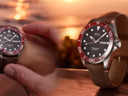 นาฬิกา Mido Ocean Star 200C หน้าปัดสีดำลายคลื่น ขอบเซรามิกสีแดง สายหนังสีน้ำตาล"