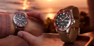 นาฬิกา Mido Ocean Star 200C หน้าปัดสีดำลายคลื่น ขอบเซรามิกสีแดง สายหนังสีน้ำตาล"