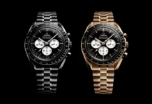OMEGA Speedmaster Professional 2026 รุ่นสแตนเลสสตีลหน้าปัด Reverse Panda สีดำเงาพร้อมวงหน้าปัดย่อยสีขาว และ นาฬิกา OMEGA Speedmaster Moonshine Gold 18K รุ่นปี 2026 หน้าปัด Reverse Panda พร้อมสายทองคำ