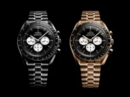 OMEGA Speedmaster Professional 2026 รุ่นสแตนเลสสตีลหน้าปัด Reverse Panda สีดำเงาพร้อมวงหน้าปัดย่อยสีขาว และ นาฬิกา OMEGA Speedmaster Moonshine Gold 18K รุ่นปี 2026 หน้าปัด Reverse Panda พร้อมสายทองคำ