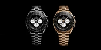 OMEGA Speedmaster Professional 2026 รุ่นสแตนเลสสตีลหน้าปัด Reverse Panda สีดำเงาพร้อมวงหน้าปัดย่อยสีขาว และ นาฬิกา OMEGA Speedmaster Moonshine Gold 18K รุ่นปี 2026 หน้าปัด Reverse Panda พร้อมสายทองคำ