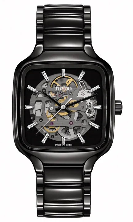 Rado True Square Skeleton ความงามครั้งใหม่แห่งกลไกเปลือย นาฬิกา Rado True Square Skeleton ตัวเรือนไฮเทคเซรามิกสีดำประดับเพชรบาเก็ต