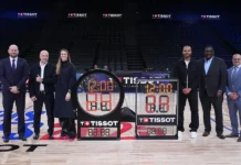 ภาพ Sylvain Dolla CEO Tissot x NBA ร่วมกับ Tony Parker ในงานเปิดตัว NBA Shot Clock ใหม่