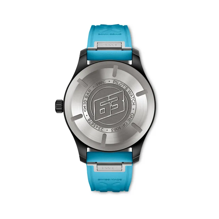 IWC Pilots Watch Chronograph 41 George Russell 2 ทางเลือกจากนักแข่งชื่อดัง ฝาหลังไทเทเนียมสลักหมายเลข 63 ของ George Russell บนนาฬิกา IWC
