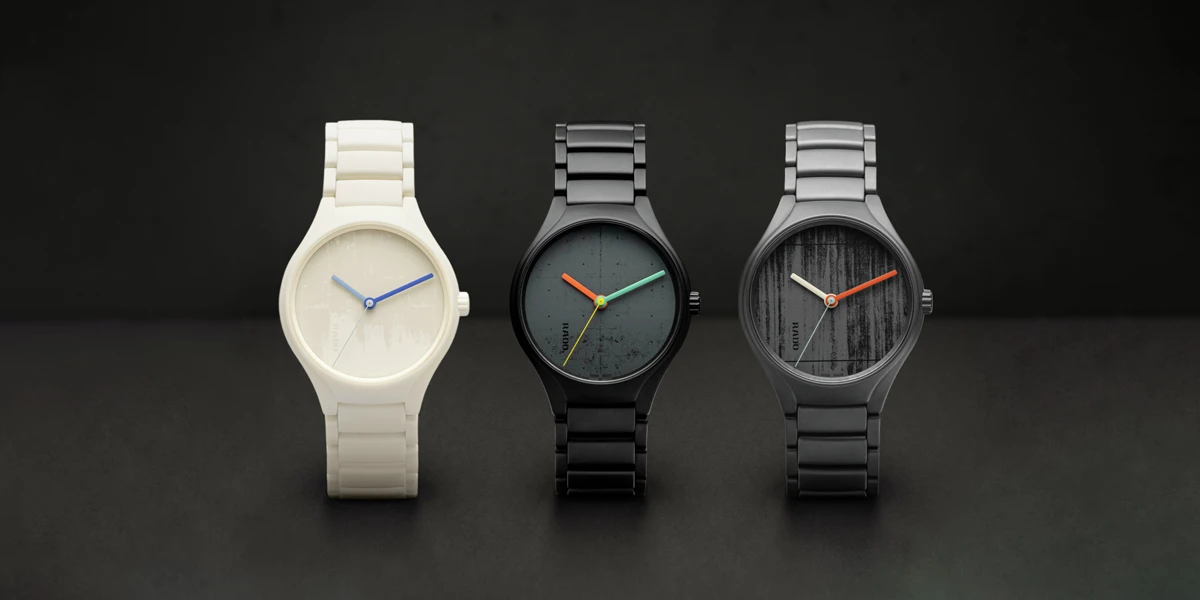 Rado x Les Couleurs Le Corbusier รวมโลกแห่งสีสันและสถาปัตย์ลงบนเรือนเวลา นาฬิกา Rado x Les Couleurs Le Corbusier สีขาวงาช้าง, หน้าปัดเลเซอร์สลักลายคอนกรีต Rado, ฝาหลังนาฬิกา Rado Le Corbusier 63 สี