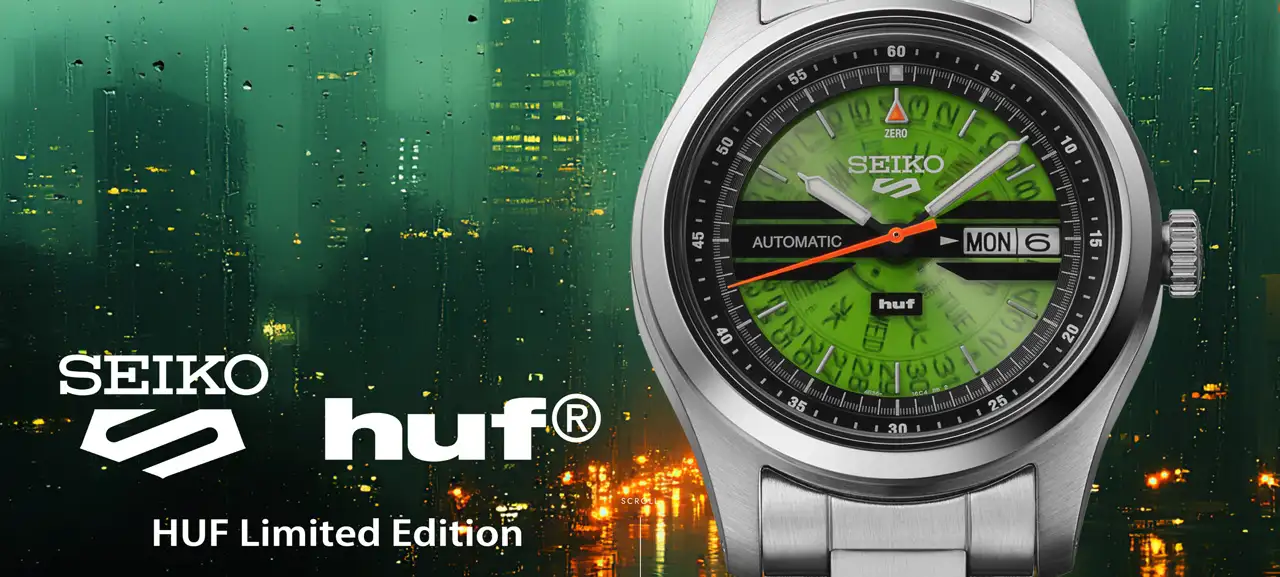 นาฬิกา Seiko 5 Sports x HUF SRPM09 หน้าปัดสีเขียวโปร่งใสสไตล์ Time Sonar