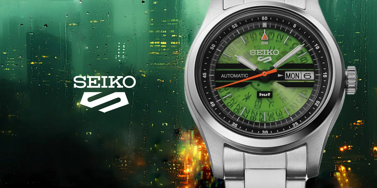 นาฬิกา Seiko 5 Sports x HUF SRPM09 หน้าปัดสีเขียวโปร่งใสสไตล์ Time Sonar