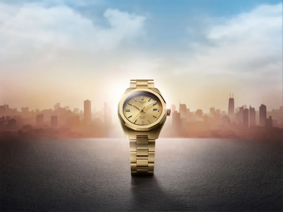 นาฬิกา Tissot PRC 100 Solar 2026 รุ่นใหม่ขนาด 34 มม. สีทองทั้งเรือนและหน้าปัด