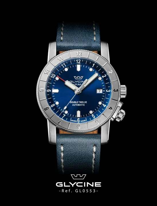 Glycine Airman Contemporary Double Twelve การกลับมาอย่างมีระดับของนาฬิกานักบินระดับตำนาน นาฬิกา Glycine Airman Contemporary Double Twelve หน้าปัดสีน้ำเงินและสายเหล็ก 5 แถว