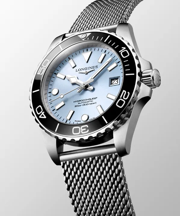 นาฬิกา Longines HydroConquest 2026 หน้าปัด Iced Blue และสาย Milanese Steel