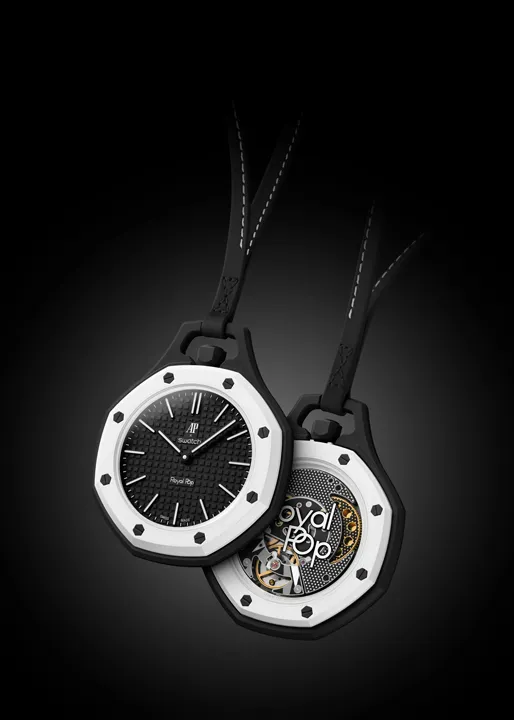 ภาพนาฬิกาพก Audemars Piguet x SWATCH Royal Pop ดีไซน์แปดเหลี่ยม วัสดุ Bioceramic