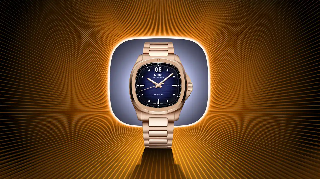 นาฬิกา Mido Multifort TV Big Date 2026 ตัวเรือน Rose Gold หน้าปัดสีน้ำเงิน สวมใส่โดย อีจงซอก
