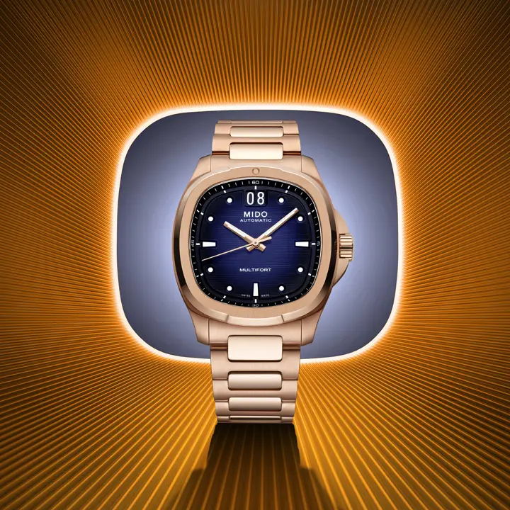 นาฬิกา Mido Multifort TV Big Date 2026 ตัวเรือน Rose Gold หน้าปัดสีน้ำเงิน สวมใส่โดย อีจงซอก