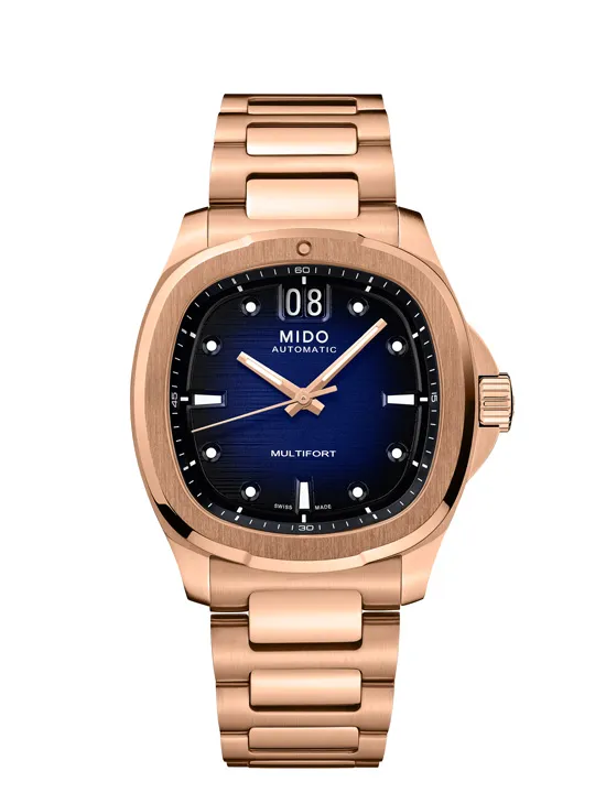 นาฬิกา Mido Multifort TV Big Date 2026 ตัวเรือน Rose Gold หน้าปัดสีน้ำเงิน สวมใส่โดย อีจงซอก