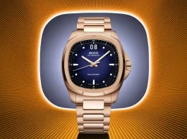 นาฬิกา Mido Multifort TV Big Date 2026 ตัวเรือน Rose Gold หน้าปัดสีน้ำเงิน สวมใส่โดย อีจงซอก
