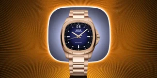 นาฬิกา Mido Multifort TV Big Date 2026 ตัวเรือน Rose Gold หน้าปัดสีน้ำเงิน สวมใส่โดย อีจงซอก