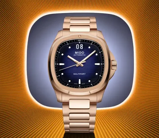 นาฬิกา Mido Multifort TV Big Date 2026 ตัวเรือน Rose Gold หน้าปัดสีน้ำเงิน สวมใส่โดย อีจงซอก