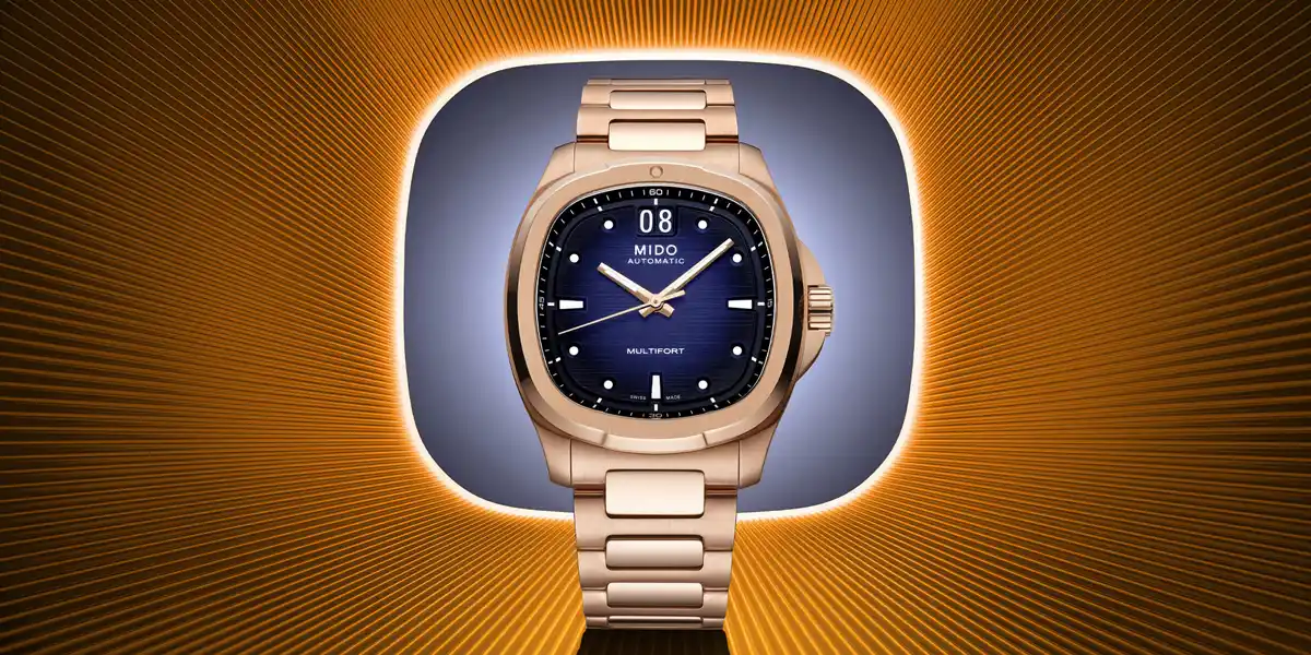 นาฬิกา Mido Multifort TV Big Date 2026 ตัวเรือน Rose Gold หน้าปัดสีน้ำเงิน สวมใส่โดย อีจงซอก