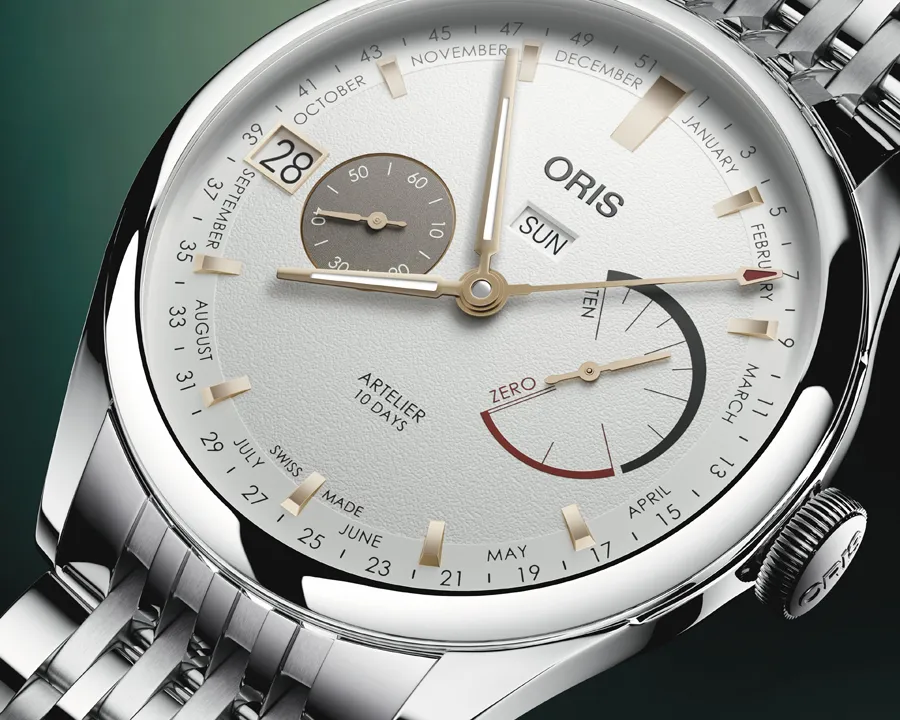 มาตรวัด Non-Linear Power Reserve Indicator บนหน้าปัด Oris นาฬิกา ORIS Artelier Calibre 113 หน้าปัดสีขาวสายสตีล