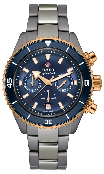 นาฬิกา Rado Captain Cook High-Tech Ceramic Chronograph หน้าปัดสีน้ำเงินและตัวเรือนเซรามิกสีเทา