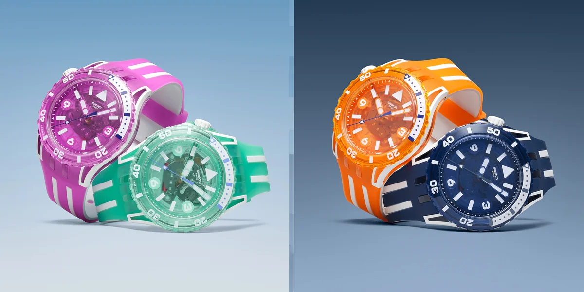 นาฬิกา Swatch SCUBAQUA สีอควากรีน มิดไนท์บลู อิเลกทริกฟิวเซีย และโซลาร์ออเรนจ์