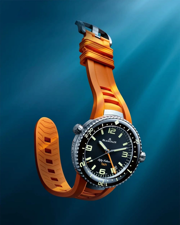 Blancpain Fifty Fathoms Tech Ref. 5019A จากรุ่น Limited สู่การผลิตเพื่อคนทั่วไป นาฬิกาดำน้ำ Blancpain Fifty Fathoms Tech Ref. 5019A ตัวเรือนไทเทเนียมพร้อมสายสีส้ม