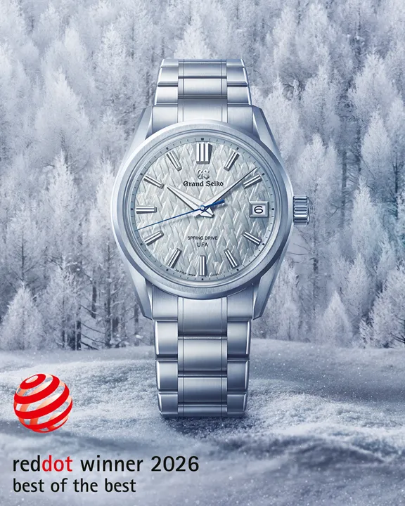 นาฬิกา Grand Seiko Spring Drive U.F.A. รุ่น SLGB003 หน้าปัดสีฟ้าประกายเงิน ลวดลายป่าน้ำแข็ง Kirigamine ผู้ชนะรางวัล Red Dot Design Award 2026