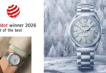 Grand Seiko Spring Drive U.F.A. SLGB003 คว้ารางวัลจากเวที Red Dot Design Award 2026 นาฬิกา Grand Seiko Spring Drive U.F.A. รุ่น SLGB003 หน้าปัดสีฟ้าประกายเงิน ลวดลายป่าน้ำแข็ง Kirigamine ผู้ชนะรางวัล Red Dot Design Award 2026