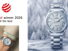 นาฬิกา Grand Seiko Spring Drive U.F.A. รุ่น SLGB003 หน้าปัดสีฟ้าประกายเงิน ลวดลายป่าน้ำแข็ง Kirigamine ผู้ชนะรางวัล Red Dot Design Award 2026