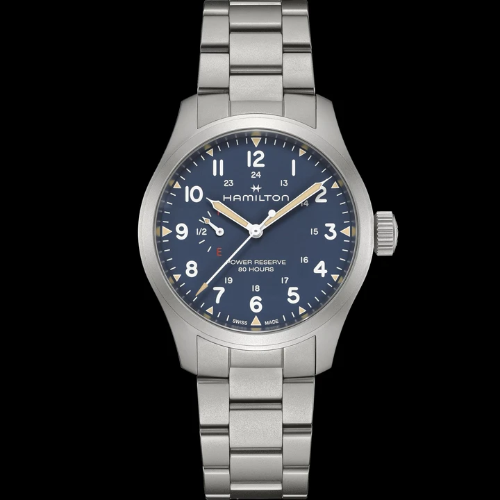 นาฬิกา Hamilton Khaki Field Mechanical Power Reserve หน้าปัดสีน้ำเงิน และสีเขียว
